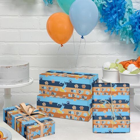 Beehaam Happy 2nd Birthday Wrapping Paper, 10 Sheets Blue Orange Dog Paw Gift Wrap Paper for Kids Boys Girls Birthday Party Baby Showers Holiday Greetings Present Packing | 19.7×27.6 inch in Saudi Arabia