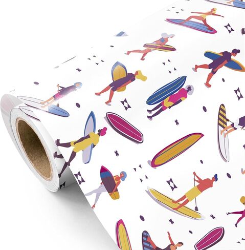 WRAPAHOLIC Surf Wrapping Paper Roll - Mini Roll - 17 Inch x 16.5 Feet - Cartoon Beach Surfing Wrapping Paper for Birthday, Sports Party, Hawaiian Party in Saudi Arabia