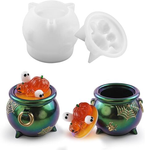 Witch Cauldron Resin Molds, Halloween Jar Silicone Molds with Pumpkin Lid, Cute Storage Box Epoxy Molds for DIY Trinket Box, Candy Container, Candle Holder, Home Decor in Saudi Arabia