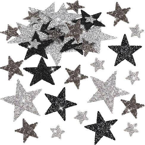 24Pcs Iron on Star Patches Rhinestone Appliques Star Clothing Patches for DIY Iron on Rhinestones for Clothing(24, Silver, Black, Grey, 2cm, 4cm, 6cm, 8cm) in Kuwait