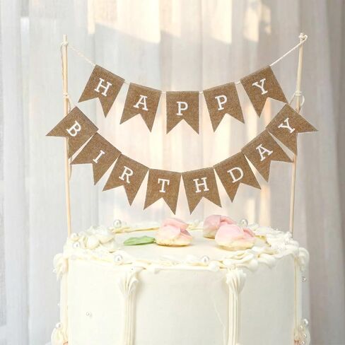 Tegeme Happy Birthday Cake Topper Burlap Cake Bunting Topper with Wood Pole Handmade Pennant Flags for Birthday, Bridal Party Decoration in Saudi Arabia