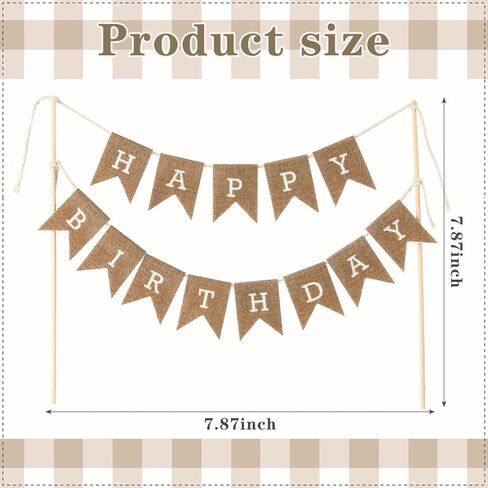 Tegeme Happy Birthday Cake Topper Burlap Cake Bunting Topper with Wood Pole Handmade Pennant Flags for Birthday, Bridal Party Decoration in Saudi Arabia