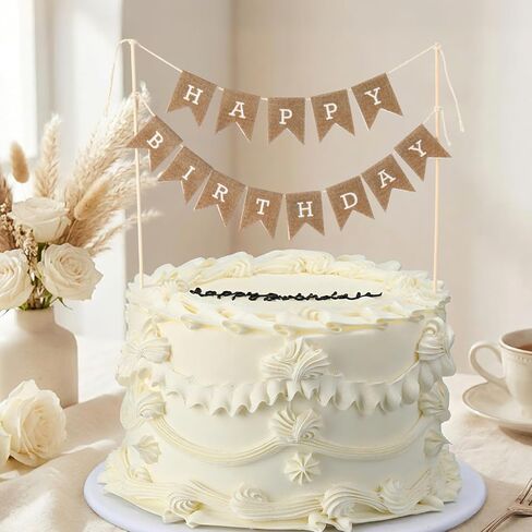 Tegeme Happy Birthday Cake Topper Burlap Cake Bunting Topper with Wood Pole Handmade Pennant Flags for Birthday, Bridal Party Decoration in Saudi Arabia