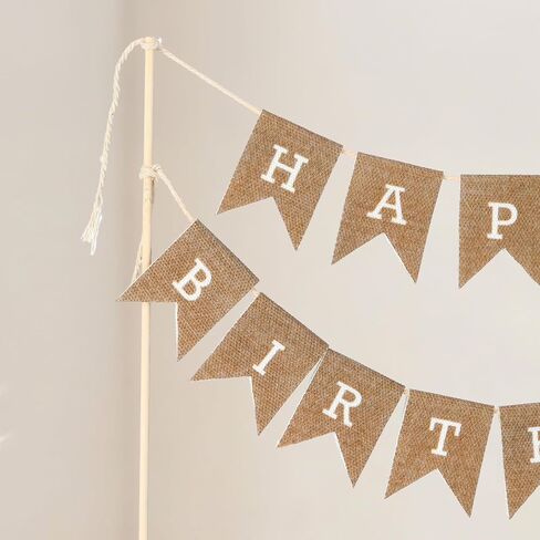 Tegeme Happy Birthday Cake Topper Burlap Cake Bunting Topper with Wood Pole Handmade Pennant Flags for Birthday, Bridal Party Decoration in Saudi Arabia