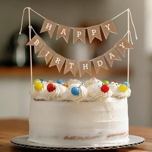 Tegeme Happy Birthday Cake Topper Burlap Cake Bunting Topper with Wood Pole Handmade Pennant Flags for Birthday, Bridal Party Decoration in Saudi Arabia