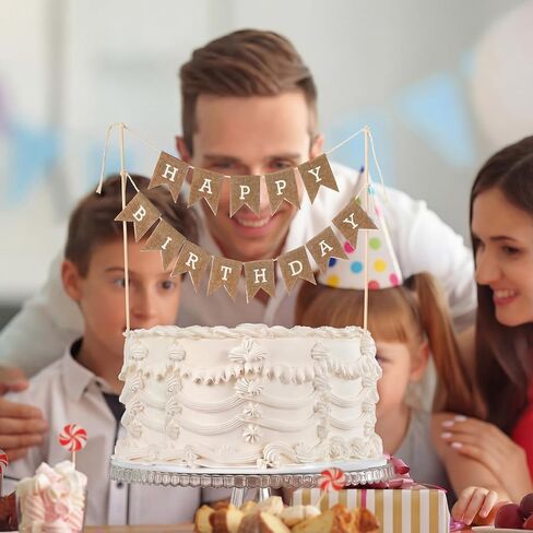 Tegeme Happy Birthday Cake Topper Burlap Cake Bunting Topper with Wood Pole Handmade Pennant Flags for Birthday, Bridal Party Decoration in Saudi Arabia