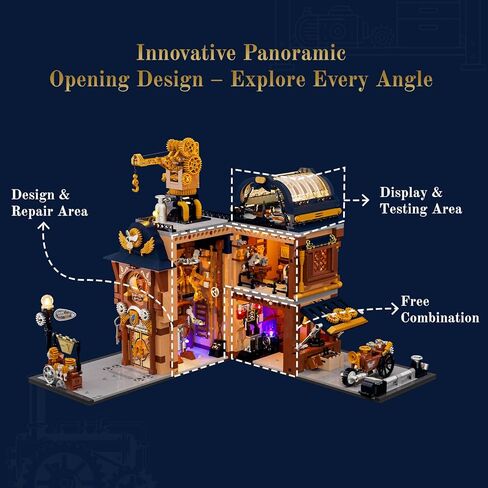 Steampunk Mechanical Workshop Lighting Building-Bricks Set, 2006 Pcs The Sky-Lane Repair Shop Modular Building from Aeronauts Collection Display Set for Adults and Steampunk Lovers in Kuwait