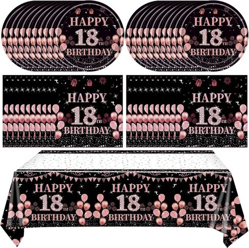 41Pcs 18th Birthday Party Decorations for Girls Her, Rose Gold Birthday Supplies Include 20 Plates 20 Napkins and 1 Tablecloth, Sweet Eighteen Year Old Birthday Party Tableware for Girls Kids Children in Kuwait