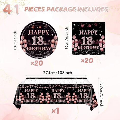 41Pcs 18th Birthday Party Decorations for Girls Her, Rose Gold Birthday Supplies Include 20 Plates 20 Napkins and 1 Tablecloth, Sweet Eighteen Year Old Birthday Party Tableware for Girls Kids Children in Kuwait