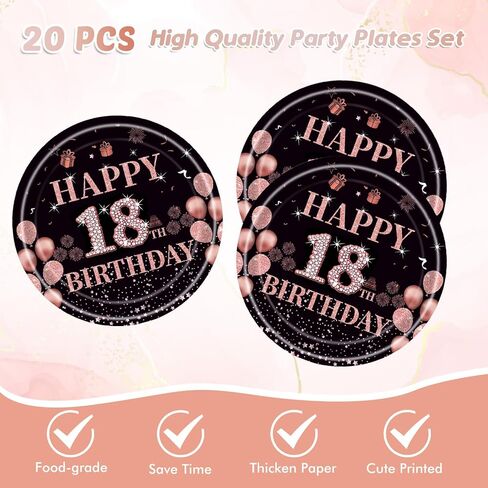 41Pcs 18th Birthday Party Decorations for Girls Her, Rose Gold Birthday Supplies Include 20 Plates 20 Napkins and 1 Tablecloth, Sweet Eighteen Year Old Birthday Party Tableware for Girls Kids Children in Kuwait