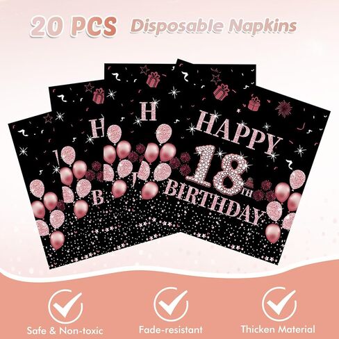 41Pcs 18th Birthday Party Decorations for Girls Her, Rose Gold Birthday Supplies Include 20 Plates 20 Napkins and 1 Tablecloth, Sweet Eighteen Year Old Birthday Party Tableware for Girls Kids Children in Kuwait