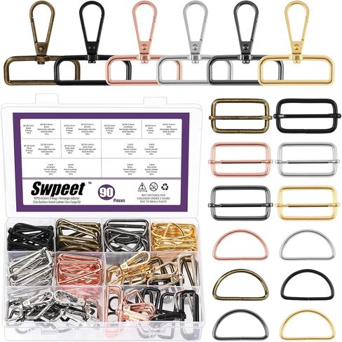 Swpeet 90Pcs 6 Colors Metal D Rings & Rectangle Adjuster Triglides Slides Buckle & D Ring Swivel Lobster Clasp Kit in Saudi Arabia
