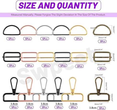 Swpeet 90Pcs 6 Colors Metal D Rings & Rectangle Adjuster Triglides Slides Buckle & D Ring Swivel Lobster Clasp Kit in Saudi Arabia