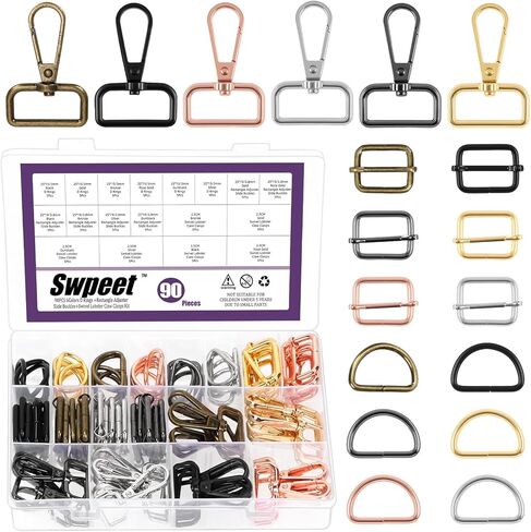 Swpeet 90Pcs 6 Colors Metal D Rings & Rectangle Adjuster Triglides Slides Buckle & D Ring Swivel Lobster Clasp Kit in Saudi Arabia