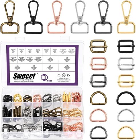 Swpeet 90Pcs 6 Colors Metal D Rings & Rectangle Adjuster Triglides Slides Buckle & D Ring Swivel Lobster Clasp Kit in Saudi Arabia