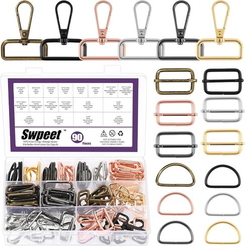 Swpeet 90Pcs 6 Colors Metal D Rings & Rectangle Adjuster Triglides Slides Buckle & D Ring Swivel Lobster Clasp Kit in Saudi Arabia