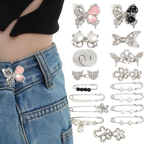 16 Sets Pant Waist Tightener,Adjustable Silvery Buttons Pins for Loose Jeans Waist Tightener for Pants Women and Girls Metal Flower Butterfly Brooch for Skirts Clothing Sleeves No Sew and No Tools in Saudi Arabia