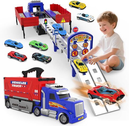 SpringFlower Carrier Truck Race Track Toys, Boy Toys for 3 4 5 6 Years Old Boys with Lights Sounds, Transporter Race Track with 6 Die-Cast Car, Vehicle Toy for Kids Birthday Gifts in Saudi Arabia