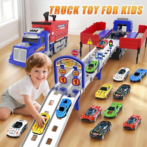 SpringFlower Carrier Truck Race Track Toys, Boy Toys for 3 4 5 6 Years Old Boys with Lights Sounds, Transporter Race Track with 6 Die-Cast Car, Vehicle Toy for Kids Birthday Gifts in Saudi Arabia
