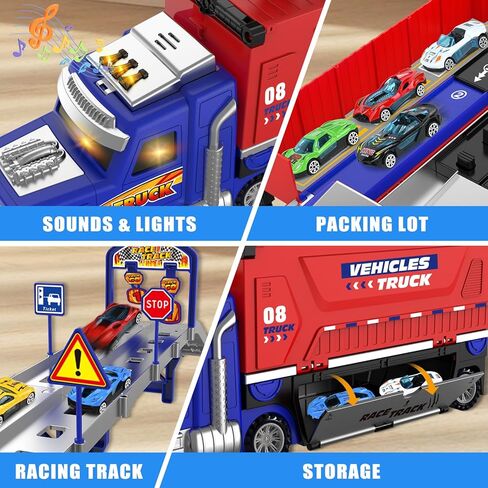 SpringFlower Carrier Truck Race Track Toys, Boy Toys for 3 4 5 6 Years Old Boys with Lights Sounds, Transporter Race Track with 6 Die-Cast Car, Vehicle Toy for Kids Birthday Gifts in Saudi Arabia
