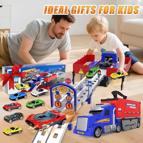 SpringFlower Carrier Truck Race Track Toys, Boy Toys for 3 4 5 6 Years Old Boys with Lights Sounds, Transporter Race Track with 6 Die-Cast Car, Vehicle Toy for Kids Birthday Gifts in Saudi Arabia