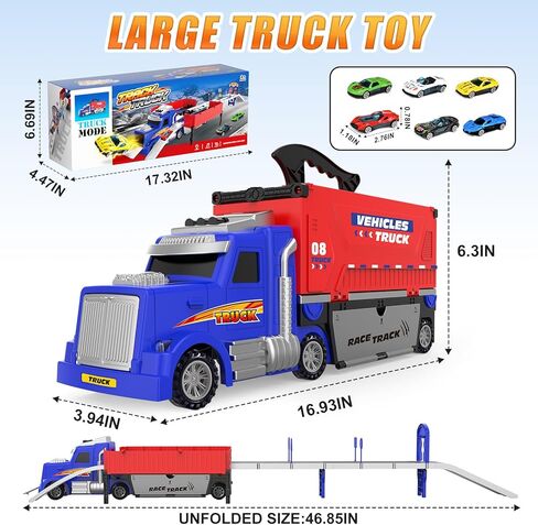 SpringFlower Carrier Truck Race Track Toys, Boy Toys for 3 4 5 6 Years Old Boys with Lights Sounds, Transporter Race Track with 6 Die-Cast Car, Vehicle Toy for Kids Birthday Gifts in Saudi Arabia