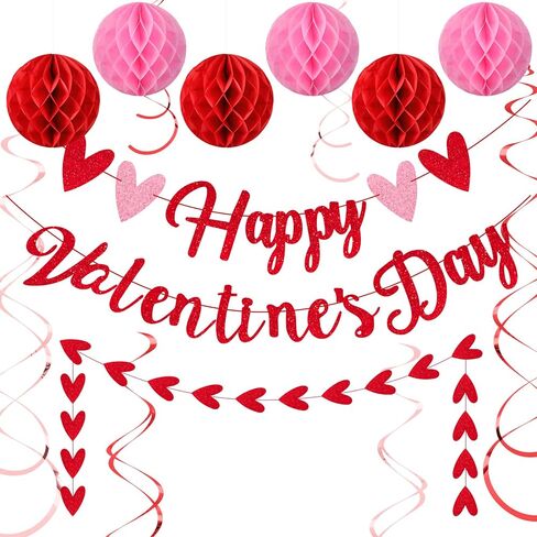 17 قطعة من زينة عيد الحب السعيدة باللون الأحمر الوردي اللامع على شكل قلب عيد الحب، لافتة عيد الحب المعلقة على شكل قرص العسل، كرات العسل لحفلات الزفاف والذكرى السنوية للتعليق in Saudi Arabia