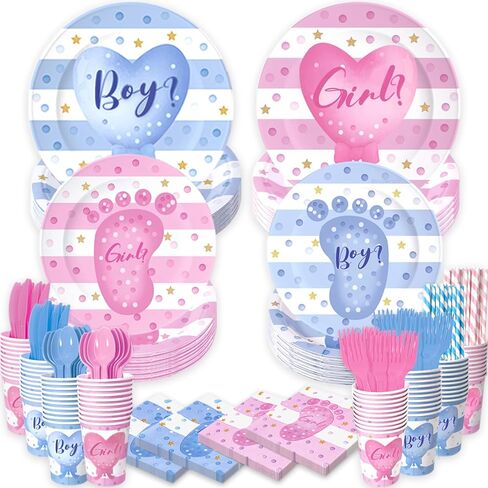 400PCS Gender Reveal Plates and Cups and Napkins Sets with Forks, Straws, Spoons, and Knives – Boy or Girl Pink and Blue Plates for Gender Reveal Decorations(Serves 50) Party Supplies in Saudi Arabia