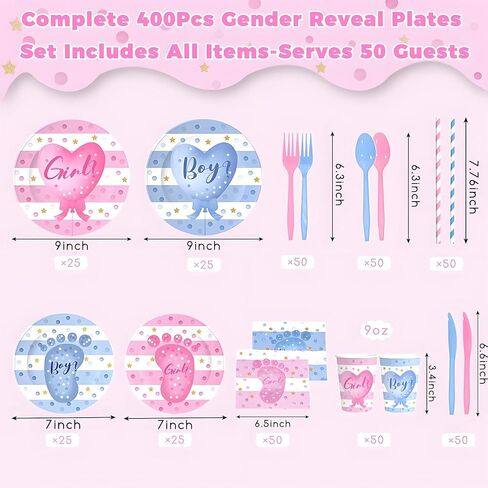 400PCS Gender Reveal Plates and Cups and Napkins Sets with Forks, Straws, Spoons, and Knives – Boy or Girl Pink and Blue Plates for Gender Reveal Decorations(Serves 50) Party Supplies in Saudi Arabia