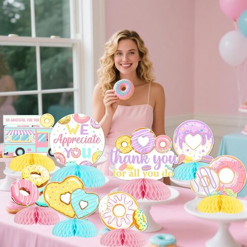 JOYMEMO 8 Pieces You Donut Know How Much We Appreciate You Honeycomb Centerpieces - Donut Appreciation Decorations, Double Sided Doughnut Table Toppers for Employee Teachers Doctor Appreciation in Saudi Arabia