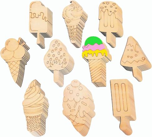 60PCS Natural Wood Ice Cream Hanging Ornaments – Unfinished Wooden Cutouts to Paint for DIY Crafts and Decorations (Ice-Cream) in Saudi Arabia