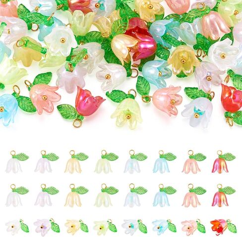 Beadthoven 48pcs Acrylic Flower Pendants for Jewelry Making Lily Flower Charms Colorful Plastic Lily of the Valley Charms Dangle Beads with Leaf for Jewelry Making Necklace Earring DIY Crafts in Saudi Arabia