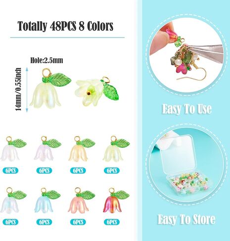 Beadthoven 48pcs Acrylic Flower Pendants for Jewelry Making Lily Flower Charms Colorful Plastic Lily of the Valley Charms Dangle Beads with Leaf for Jewelry Making Necklace Earring DIY Crafts in Saudi Arabia