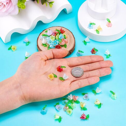 Beadthoven 48pcs Acrylic Flower Pendants for Jewelry Making Lily Flower Charms Colorful Plastic Lily of the Valley Charms Dangle Beads with Leaf for Jewelry Making Necklace Earring DIY Crafts in Saudi Arabia