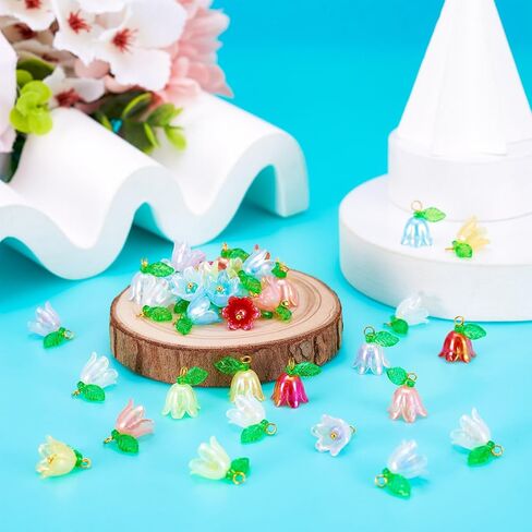 Beadthoven 48pcs Acrylic Flower Pendants for Jewelry Making Lily Flower Charms Colorful Plastic Lily of the Valley Charms Dangle Beads with Leaf for Jewelry Making Necklace Earring DIY Crafts in Saudi Arabia