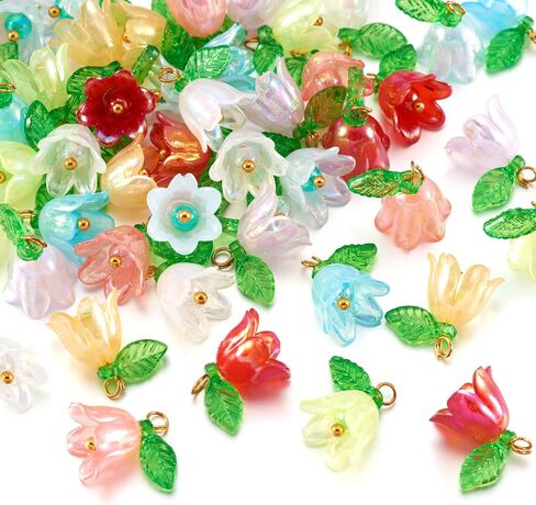 Beadthoven 48pcs Acrylic Flower Pendants for Jewelry Making Lily Flower Charms Colorful Plastic Lily of the Valley Charms Dangle Beads with Leaf for Jewelry Making Necklace Earring DIY Crafts in Saudi Arabia