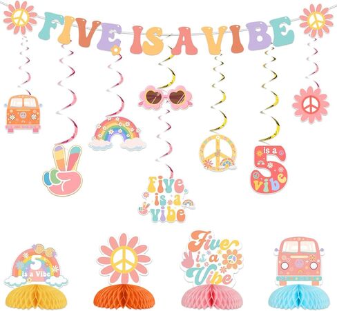 Five is a Vibe Birthday Party Decorations for Girls Groovy 5th Birthday Banner Hanging Swirls Honeycomb Centerpieces for Retro Hippie 60s 70s Five Year Party Supplies in Saudi Arabia