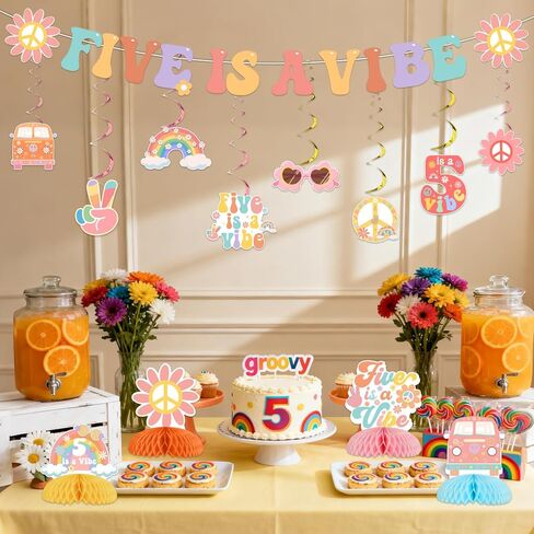 Five is a Vibe Birthday Party Decorations for Girls Groovy 5th Birthday Banner Hanging Swirls Honeycomb Centerpieces for Retro Hippie 60s 70s Five Year Party Supplies in Saudi Arabia