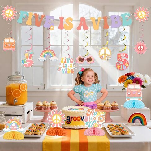 Five is a Vibe Birthday Party Decorations for Girls Groovy 5th Birthday Banner Hanging Swirls Honeycomb Centerpieces for Retro Hippie 60s 70s Five Year Party Supplies in Saudi Arabia