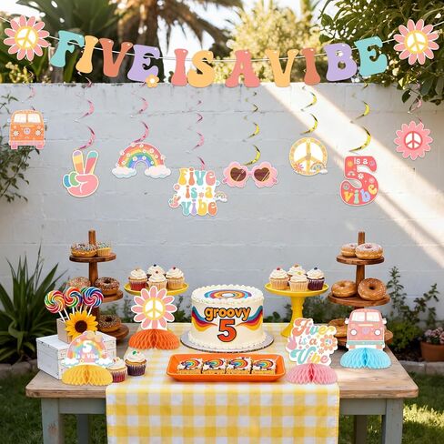 Five is a Vibe Birthday Party Decorations for Girls Groovy 5th Birthday Banner Hanging Swirls Honeycomb Centerpieces for Retro Hippie 60s 70s Five Year Party Supplies in Saudi Arabia