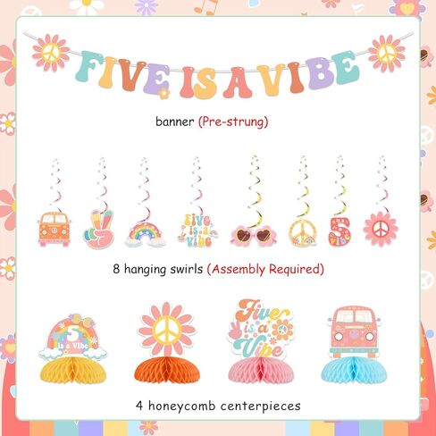 Five is a Vibe Birthday Party Decorations for Girls Groovy 5th Birthday Banner Hanging Swirls Honeycomb Centerpieces for Retro Hippie 60s 70s Five Year Party Supplies in Saudi Arabia