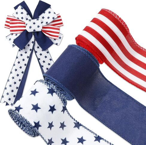 JarThenaAMCS Patriotic Wired Edge Ribbon 4th of July Red White Blue Star Stripe Craft Fabric Ribbon for Independence Memorial Day Gift Wreath Bow Craft Wrapping Party Decor, 3 Rolls, 18 Yard in Saudi Arabia