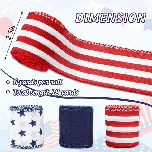 JarThenaAMCS Patriotic Wired Edge Ribbon 4th of July Red White Blue Star Stripe Craft Fabric Ribbon for Independence Memorial Day Gift Wreath Bow Craft Wrapping Party Decor, 3 Rolls, 18 Yard in Saudi Arabia