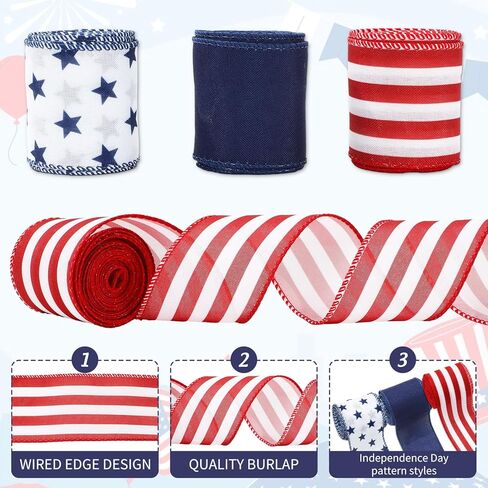 JarThenaAMCS Patriotic Wired Edge Ribbon 4th of July Red White Blue Star Stripe Craft Fabric Ribbon for Independence Memorial Day Gift Wreath Bow Craft Wrapping Party Decor, 3 Rolls, 18 Yard in Saudi Arabia