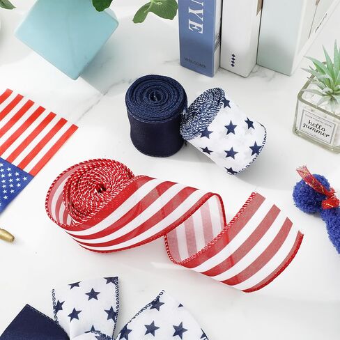 JarThenaAMCS Patriotic Wired Edge Ribbon 4th of July Red White Blue Star Stripe Craft Fabric Ribbon for Independence Memorial Day Gift Wreath Bow Craft Wrapping Party Decor, 3 Rolls, 18 Yard in Saudi Arabia