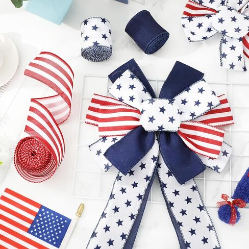 JarThenaAMCS Patriotic Wired Edge Ribbon 4th of July Red White Blue Star Stripe Craft Fabric Ribbon for Independence Memorial Day Gift Wreath Bow Craft Wrapping Party Decor, 3 Rolls, 18 Yard in Saudi Arabia