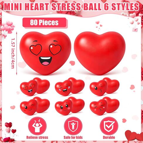 Libima 80 Pcs Valentine's Day Heart Stress Ball with Fun Faces Kids Fidget Toy Slow Rise Relief Foam Stress Ball for Valentine Party Favors Classroom School Exchange Prizes Gift Party Present Filler in Saudi Arabia