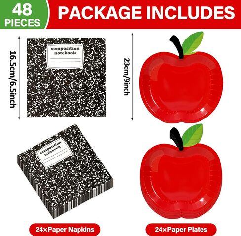 48 Pcs Back to School Tableware Set First Day of School Party Supplies Red Apple Paper Plates Composition Notebook Napkins Classroom Decoration for Kindergarten Preschool Teacher Party Serve 24 in Saudi Arabia