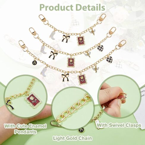 Hobbspring 3 قطع سلسلة حقيبة مزخرفة ذهبية 3 أحجام بديلة لحقائب التمديد سلسلة سلاسل المحفظة مع التمهيد روز الجناح Bowknot القلب المينا قلادة للنساء حمل حقائب الكتف الملحقات الزخرفية in Saudi Arabia