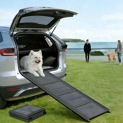 Dog Ramp for Car, Folding Pet Ramp with Comfortable Carpet Surface, Holds Up to 250lbs, Non-Slip 63" Portable Large Dog Stairs for Bed, SUV & Truck in Saudi Arabia